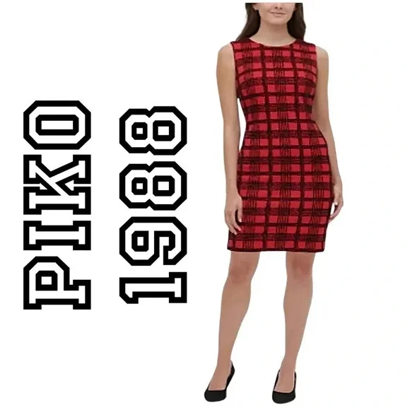 Piko 1988 Red Black Tartan Buffalo Plaid Checkered Shift Mini Dress Size Small - Picture 10 of 10